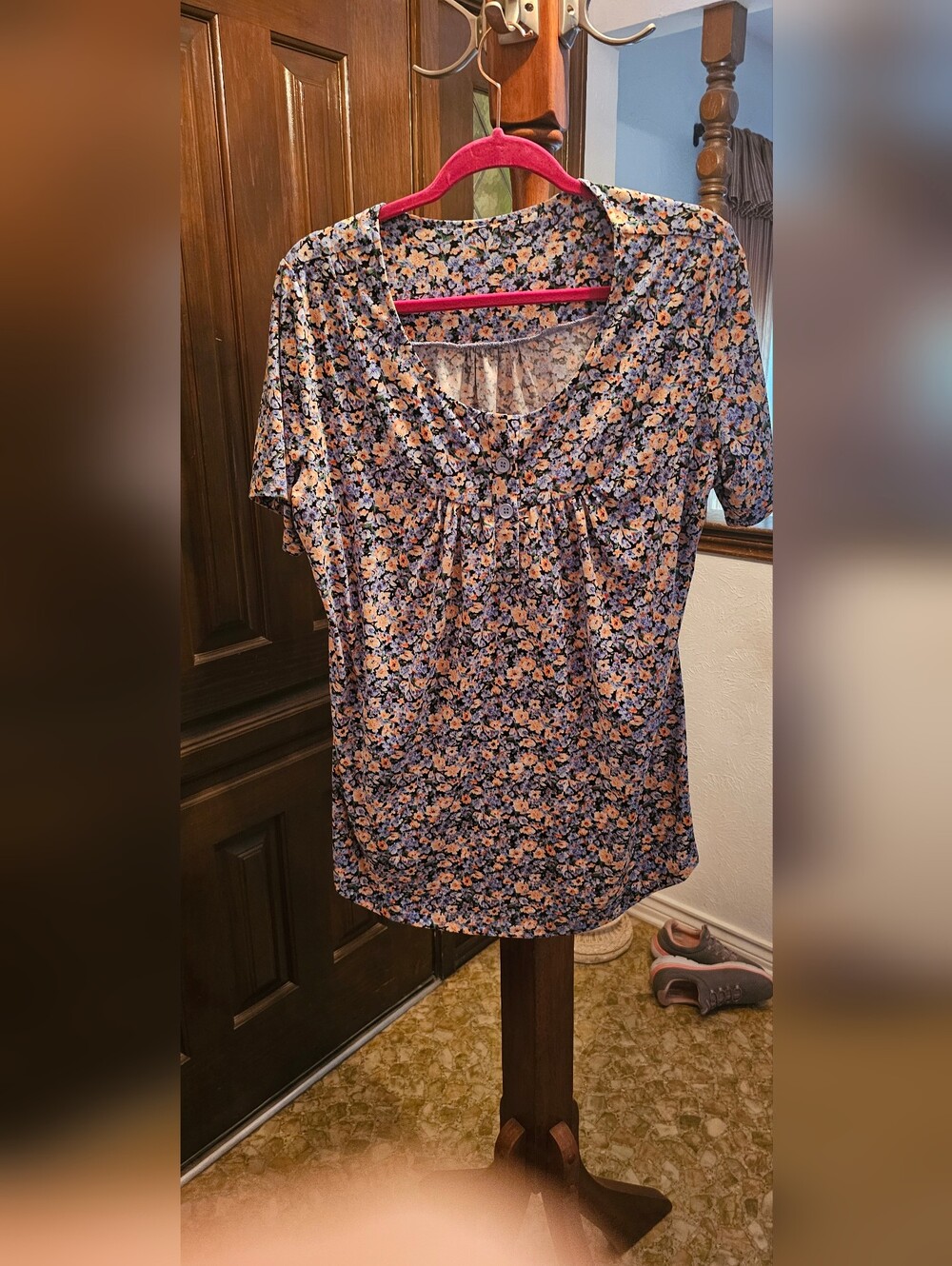 Womens Navy Floral Short-Sleeve Scoop Neck Top